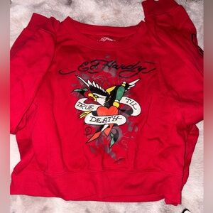Ed Hardy Red Sweatshirt with Multi-Color Tattoo Heart Graphic